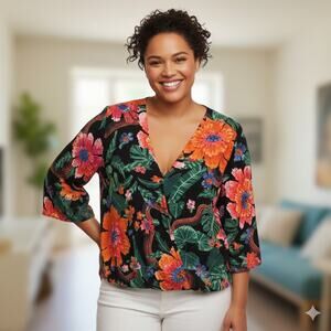 Rachel Zoe Colorful Floral Top Womens Size 1X Bold Blooms Faux Bold Wrap Blouse